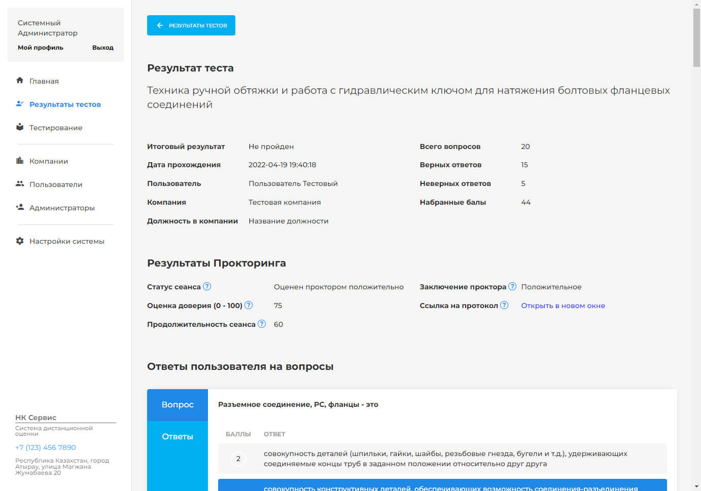 Страница результата тестов в системе оценки